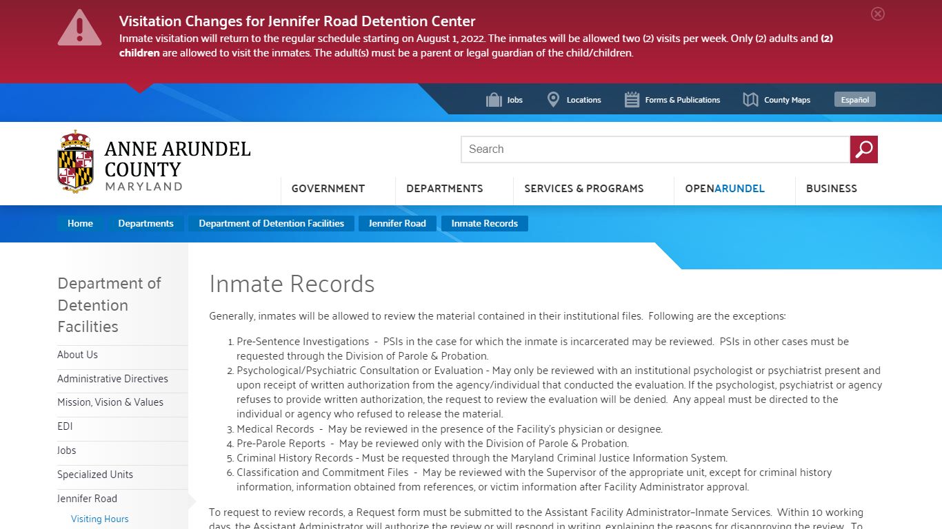 Inmate Records | Anne Arundel County, MD